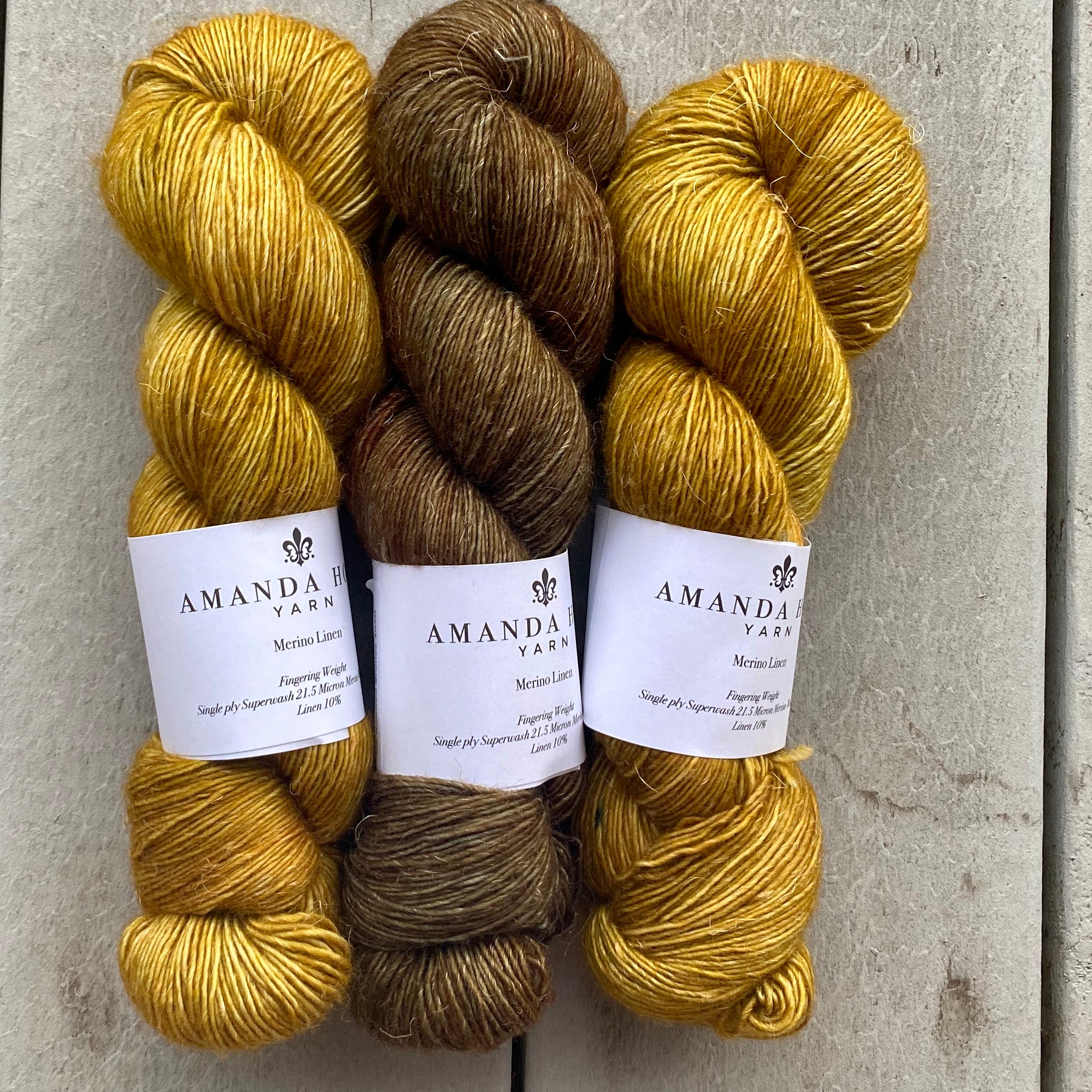 Misurina or Trelawny Top (Both are Crop Tees) Yarn in Ochre & Oil Rubbed Bronze , Merino Linen (fingering weight)