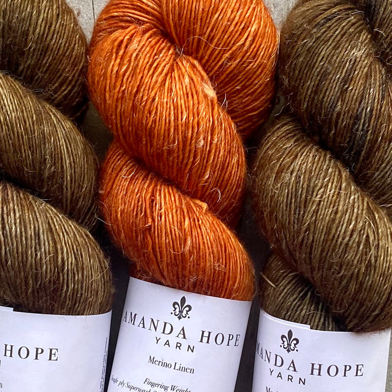 Misurina or Trelawny Top (Both are Crop Tees) Yarn in Oil Rubbed Bronze & Pumpkin Spice , Merino Linen (fingering weight)