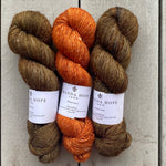 Misurina or Trelawny Top (Both are Crop Tees) Yarn in Oil Rubbed Bronze & Pumpkin Spice , Merino Linen (fingering weight)