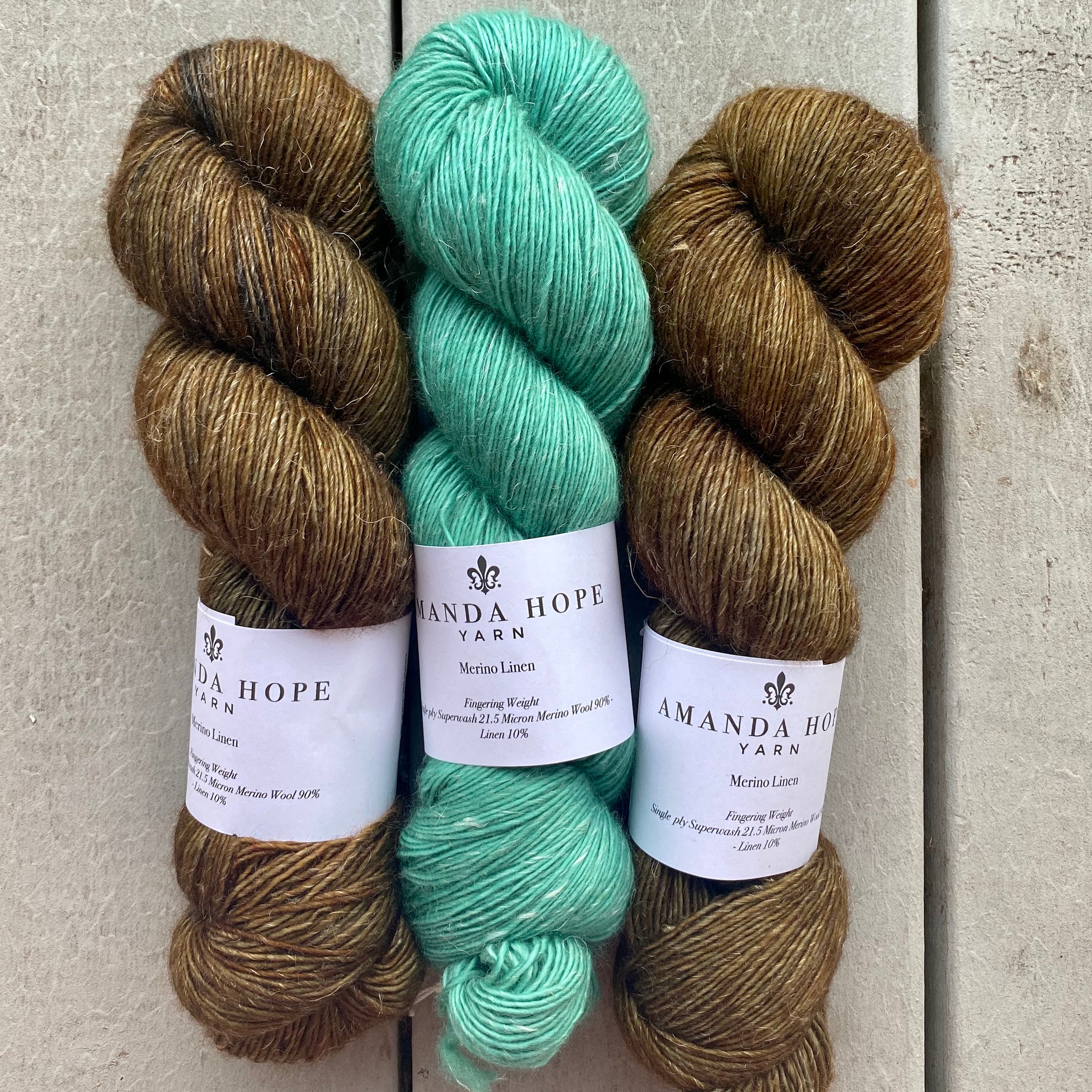Misurina or Trelawny Top (Both are Crop Tees) in Oil Rubbed Bronze & Chrysoprase, Merino Linen (fingering weight)