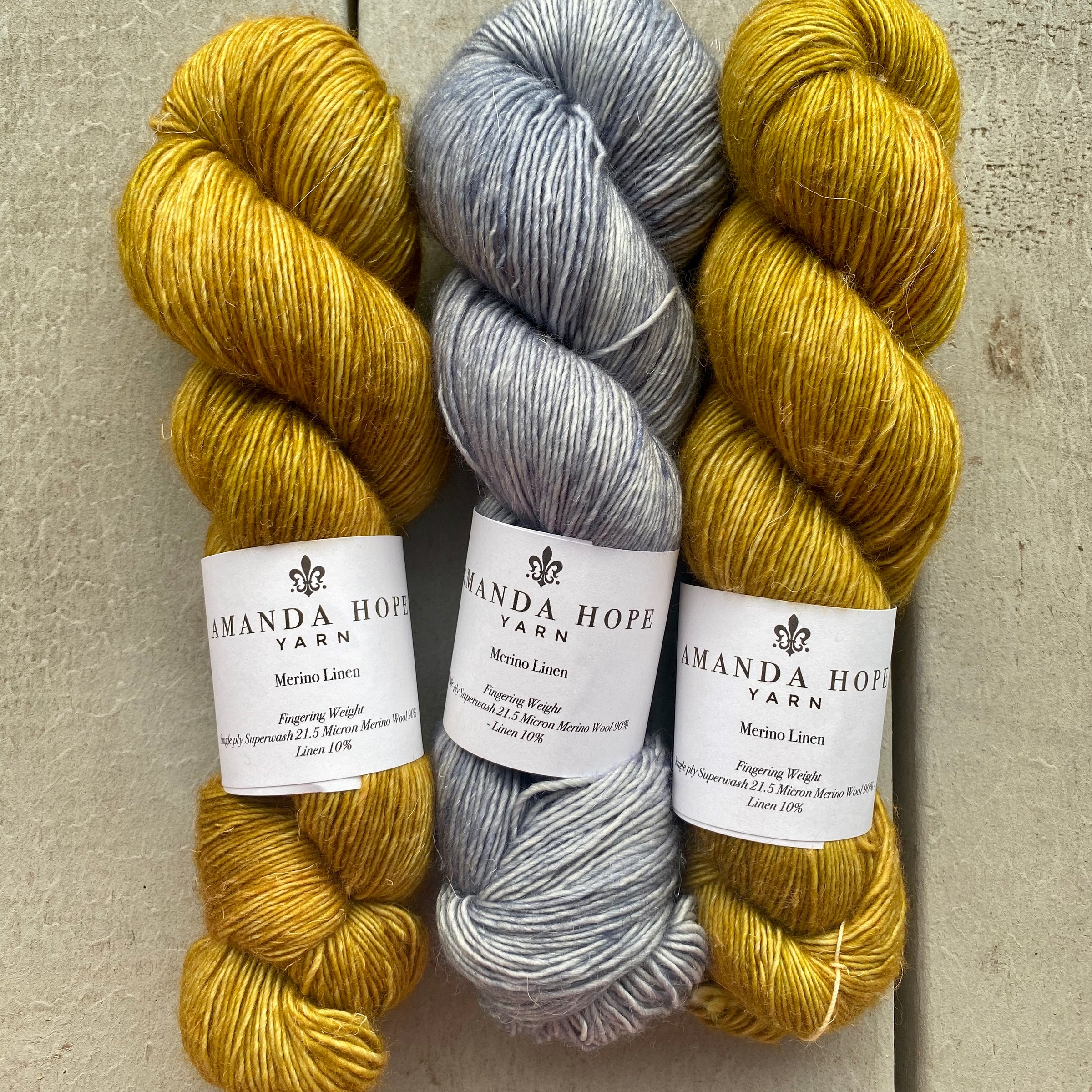 Misurina or Trelawny Top (Both are Crop Tees) in Ochre & Blue Heather, Merino Linen (fingering weight)