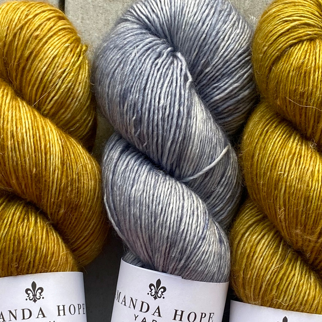 Misurina or Trelawny Top (Both are Crop Tees) in Ochre & Blue Heather, Merino Linen (fingering weight)
