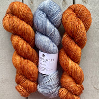 Misurina or Trelawny Top (Both are Crop Tees) Yarn in Pumpkin Spice & Blue Heather, Merino Linen (fingering weight)