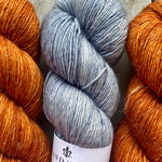 Misurina or Trelawny Top (Both are Crop Tees) Yarn in Pumpkin Spice & Blue Heather, Merino Linen (fingering weight)