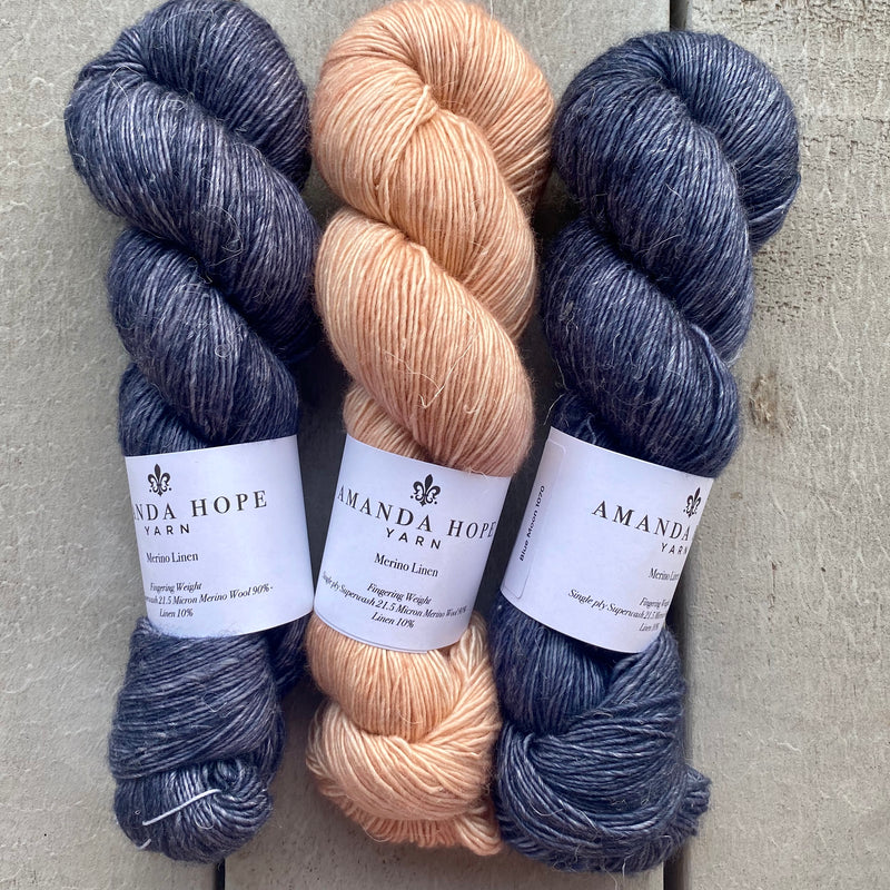 Misurina or Trelawny Top (Both are Crop Tees) Yarn in Blue Moon & Pink Sandalwood , Merino Linen (fingering weight)