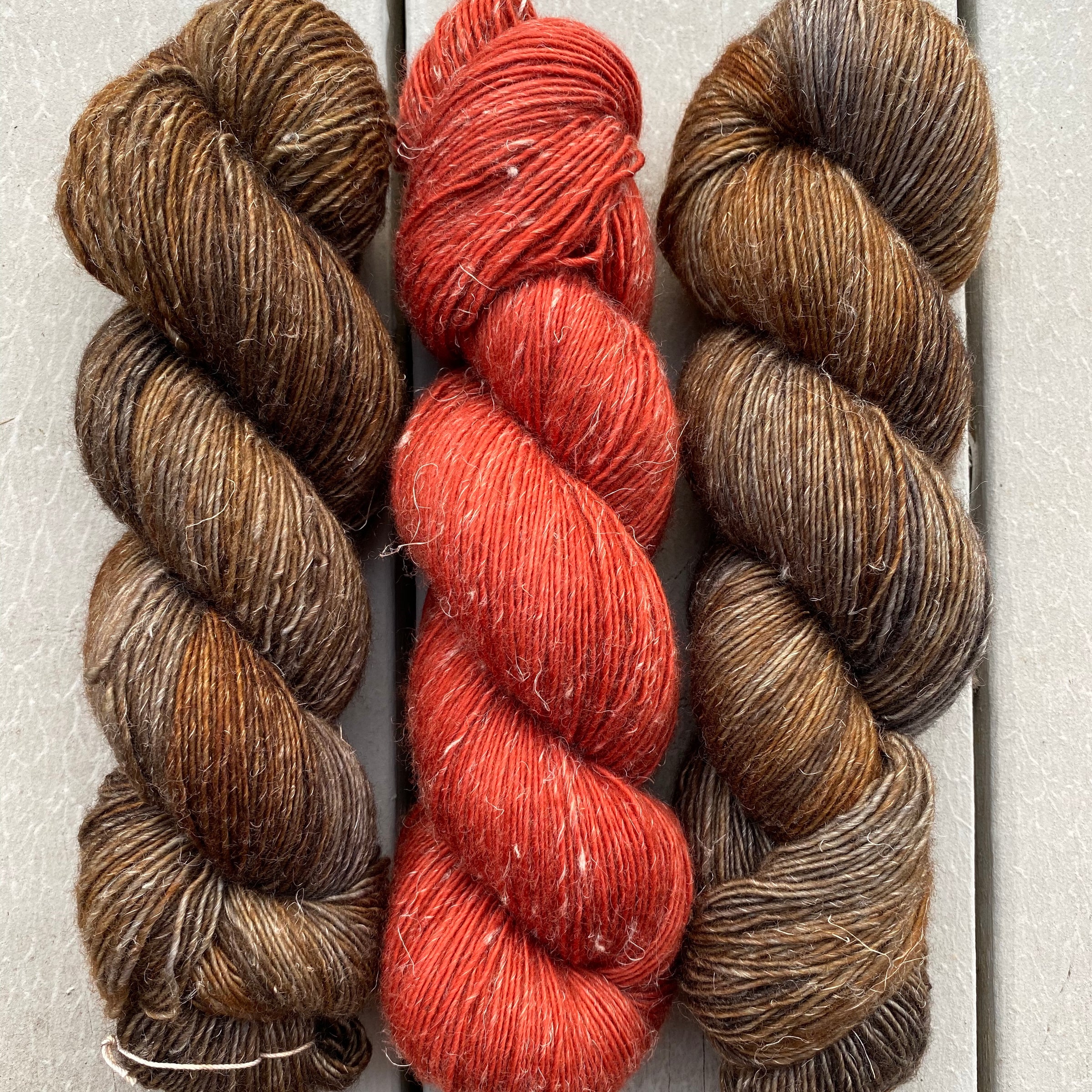 Misurina or Trelawny Top (Both are Crop Tees) Yarn in Oil Rubbed Bronze & Pumpkin Spice , Merino Linen (fingering weight)
