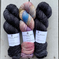 Misurina or Trelawny Top (Both are Crop Tees) Yarn in Noir & The Language of Flowers, Merino Linen (fingering weight)