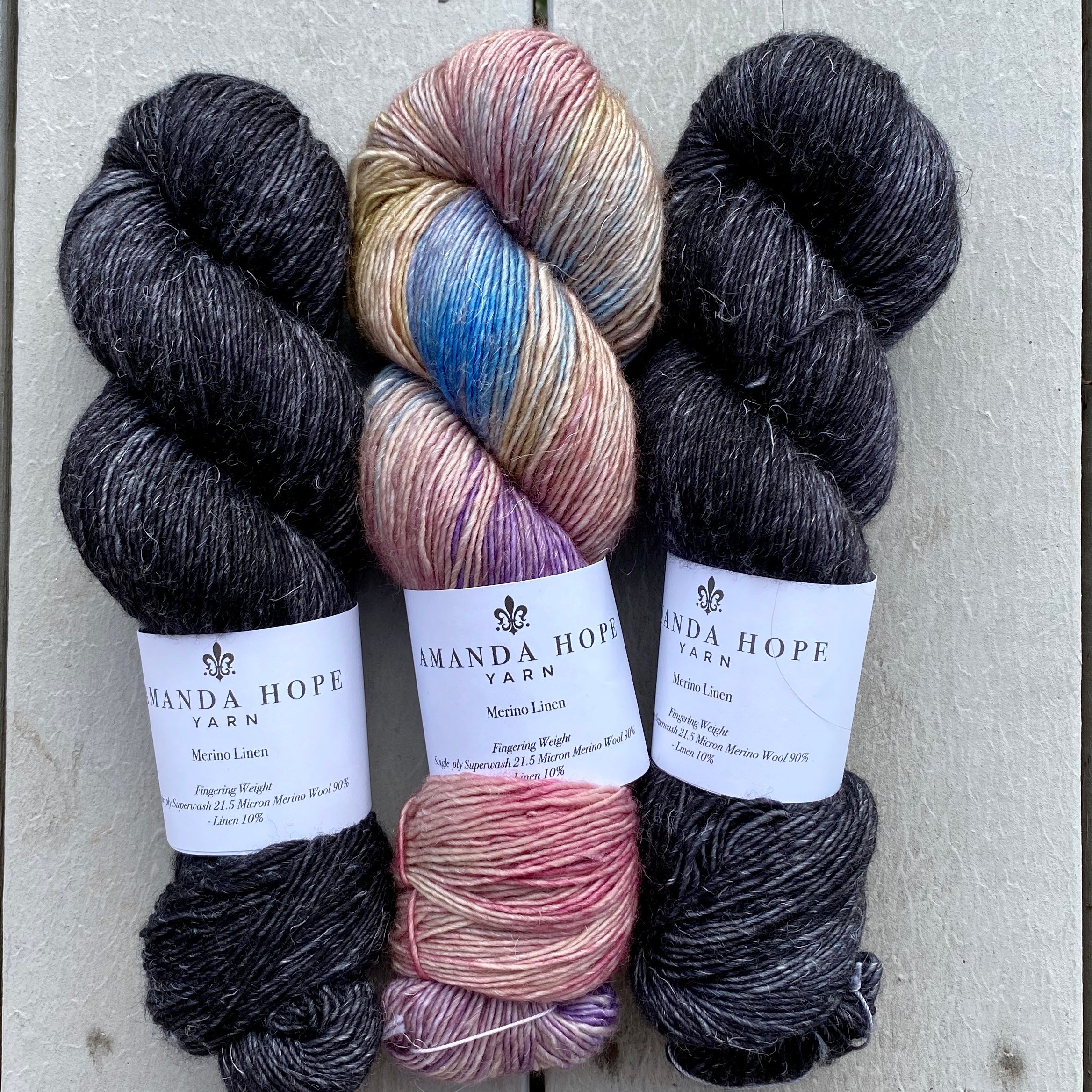 Misurina or Trelawny Top (Both are Crop Tees) Yarn in Noir & The Language of Flowers, Merino Linen (fingering weight)