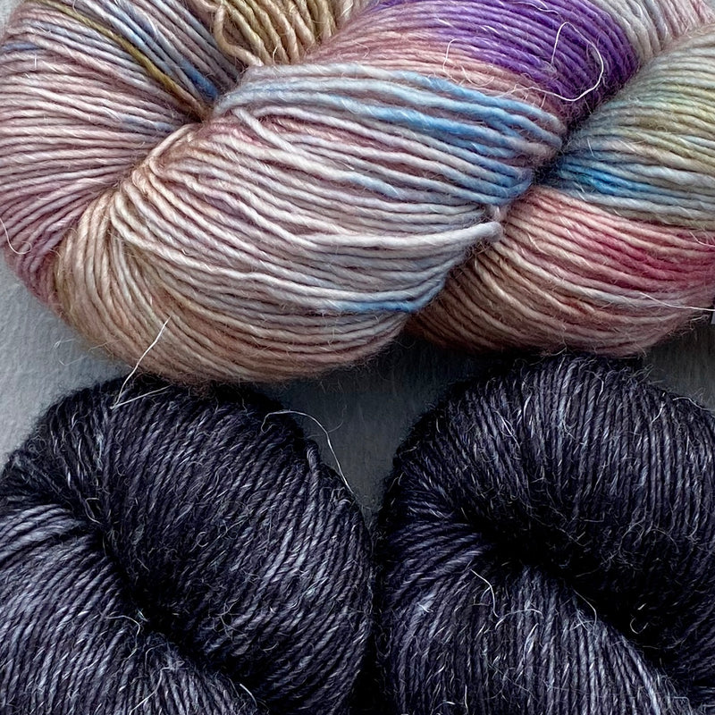 Misurina or Trelawny Top (Both are Crop Tees) Yarn in Noir & The Language of Flowers, Merino Linen (fingering weight)