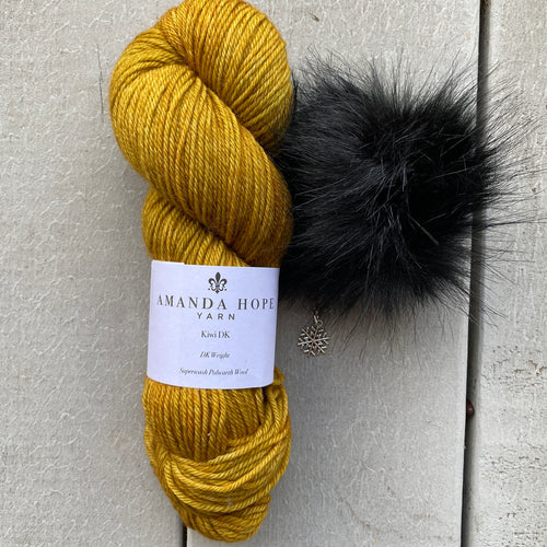 Huskadoo (Ochre DK Hat Set in Kiwi DK - Polwarth Wool) with Faux Fox Black Snap On Pom