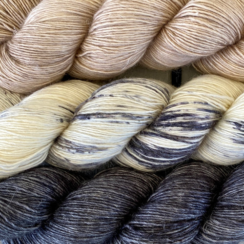 Trio of Merino Linen (fingering weight), Antibes Batik, Ash and Cashmere Pearl perfect for Linen Summer Shawl by Joji Locatelli - PATTERN IS NOT INCLUDED