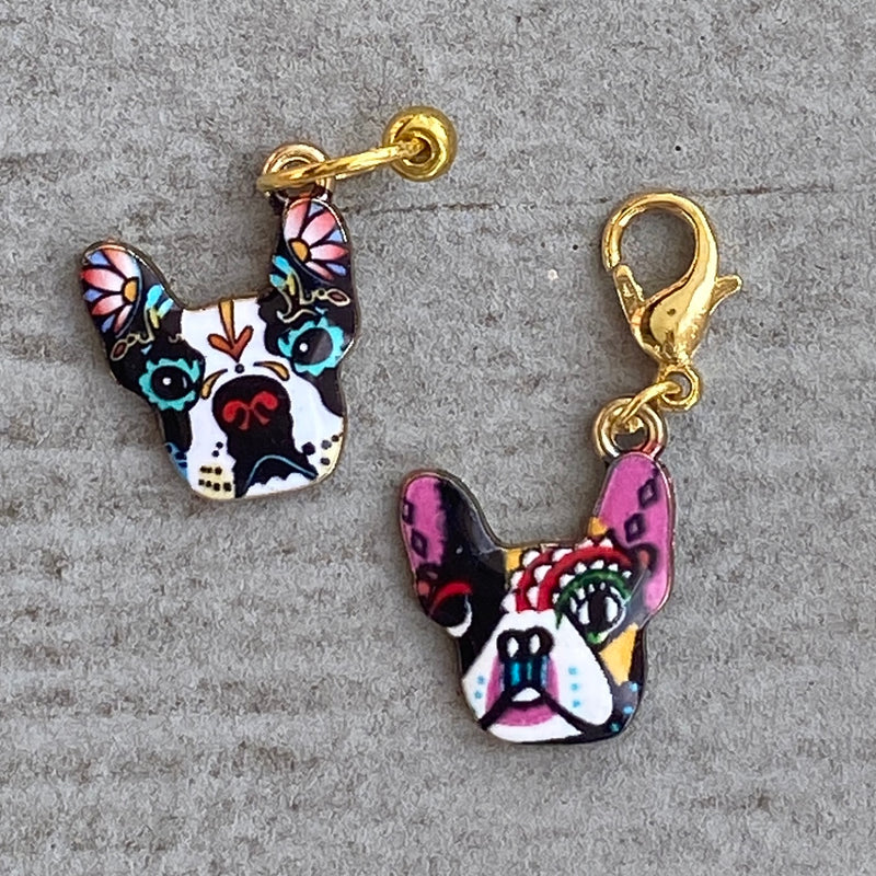 Dog Sugar Skull Stitch Markers and Progress Keepers, Pink and Turquoise