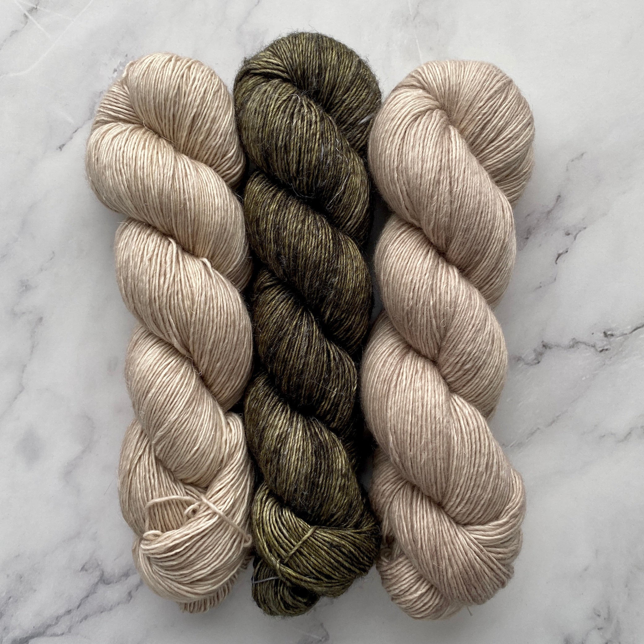 Misurina or Trelawny Top (Both are Crop Tees) Yarn in Cashmere Pearl & Bottle Green, Merino Linen (fingering weight)