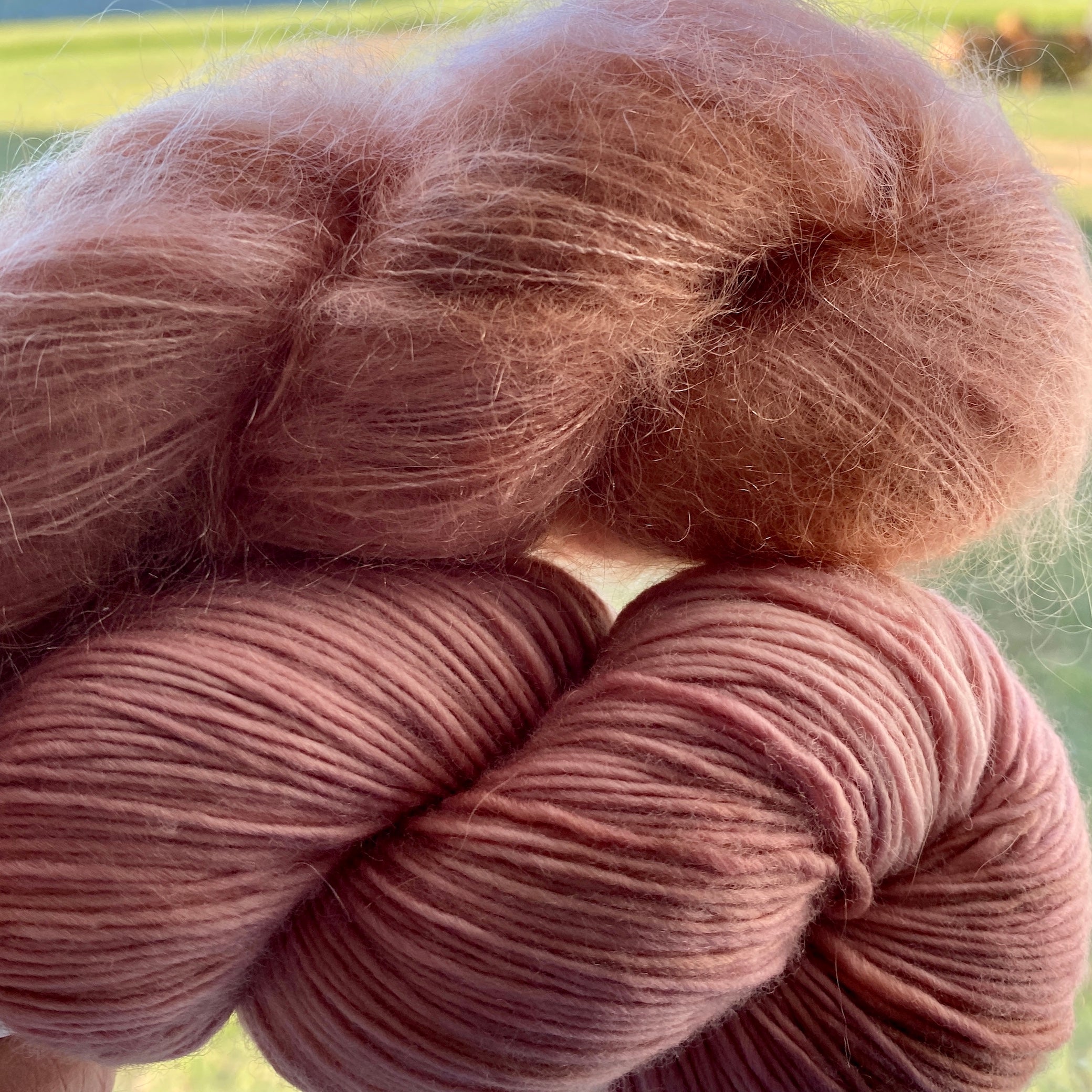 Rose Gold, Two Skeins, One Superkid Mohair/Silk, One Skein Aussie Extra Fine Single