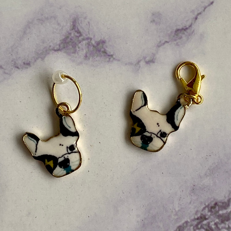 Black and White Bulldog Enamel Charm Stitch Markers and Progress Keepers