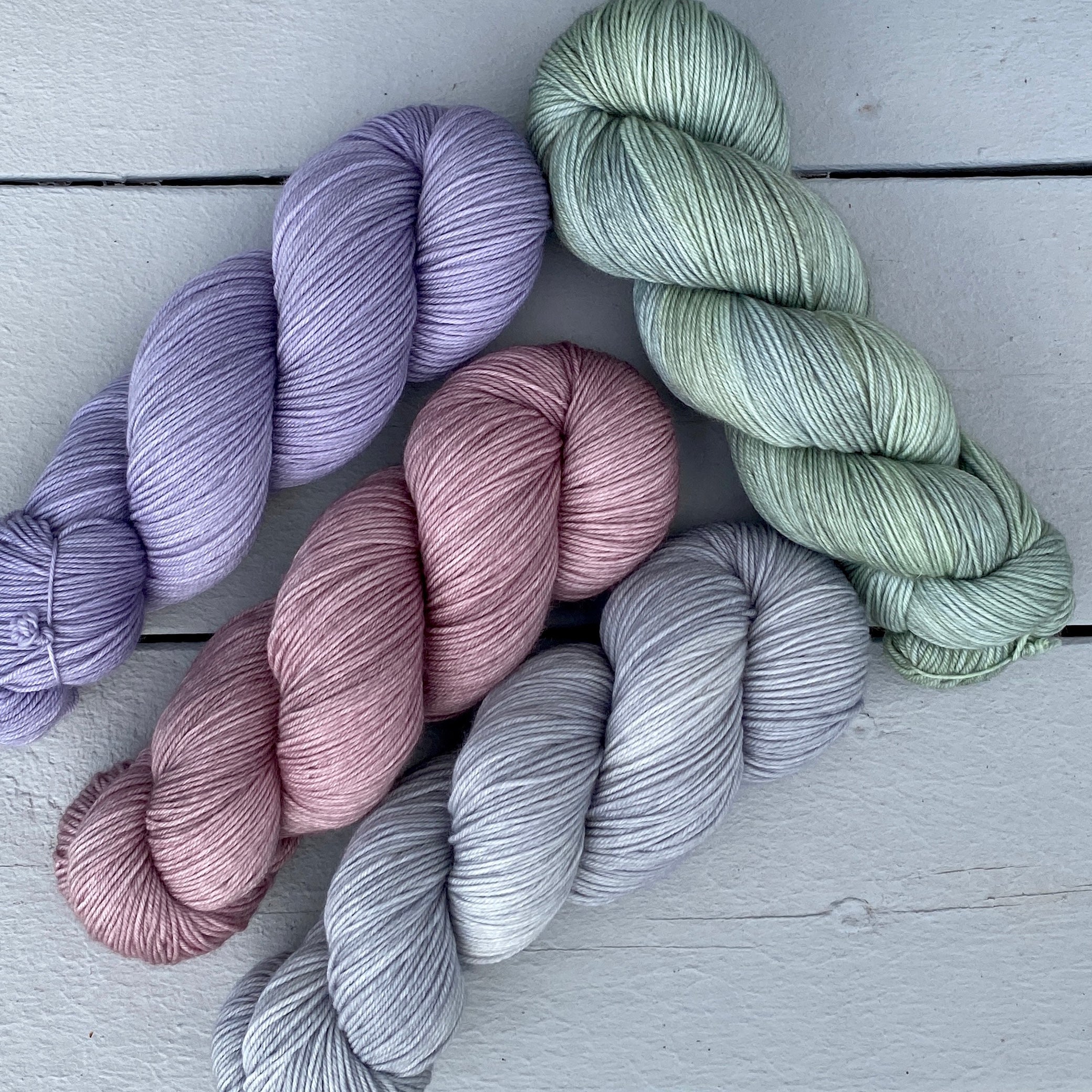 Quartet of Aussie Extra Fine Fingering in French Lavender, Musk Mallow, Barely Gray + Herbes de Provence
