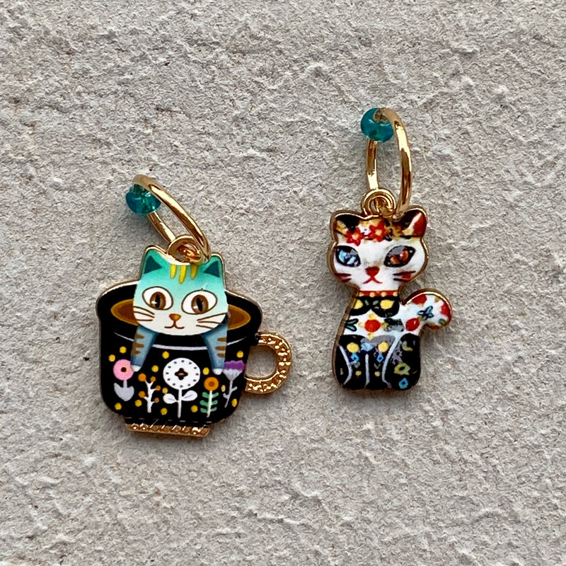 Pair of Cats, Black Cup, Turquoise,  Enamel Stitch Markers