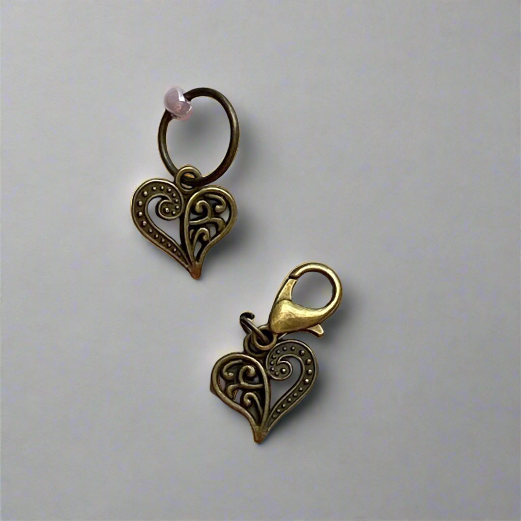 Antique Brass Color Valentine Stitch Marker  & Progress Keeper Duo