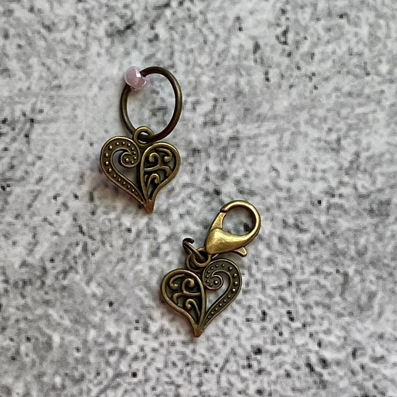Antique Brass Color Valentine Stitch Marker  & Progress Keeper Duo