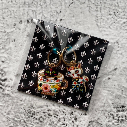 Pair of Cats, One in a Cup, One Black,  Enamel Stitch Markers