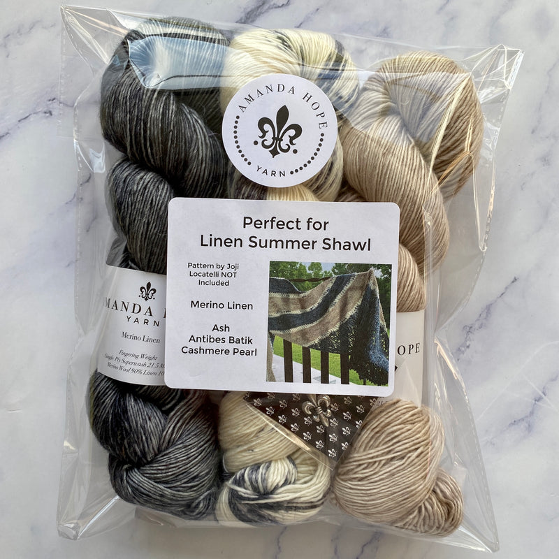Trio of Merino Linen (fingering weight), Antibes Batik, Ash and Cashmere Pearl perfect for Linen Summer Shawl by Joji Locatelli - PATTERN IS NOT INCLUDED