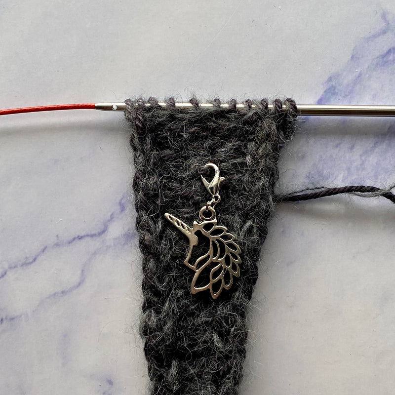 Large Silver Unicorn Head Progress Keeper (perfect for marking the right side of garter stitch projects)