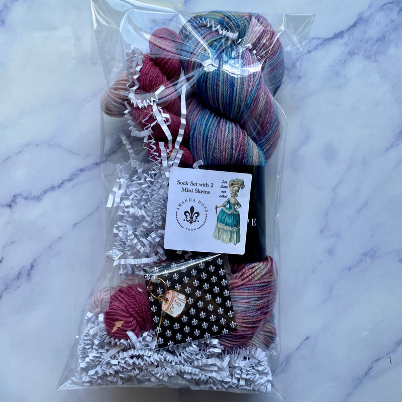 Let Them Eat Cake!  Aussie Extra Fine Sock with Nylon + 2 Minis Sock Set, with Cake Stitch Marker, in a fun package!