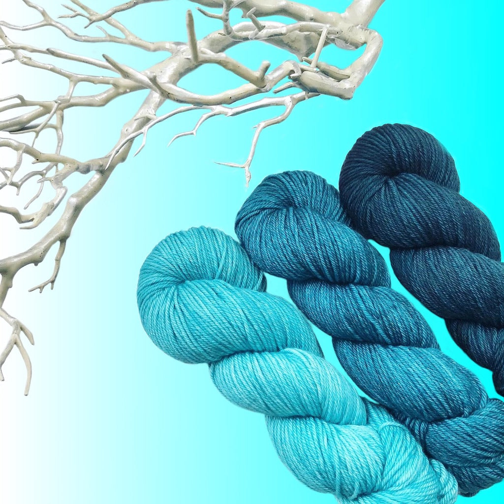 Trio of Aegean, Teal Zeal and The Tealiest for Azul (design by Alexandra Davidoff) Original Colors Used in Her Design, Aussie Extra Fine DK with Nylon